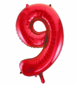 Inflated red number 9 foil balloon on a white background