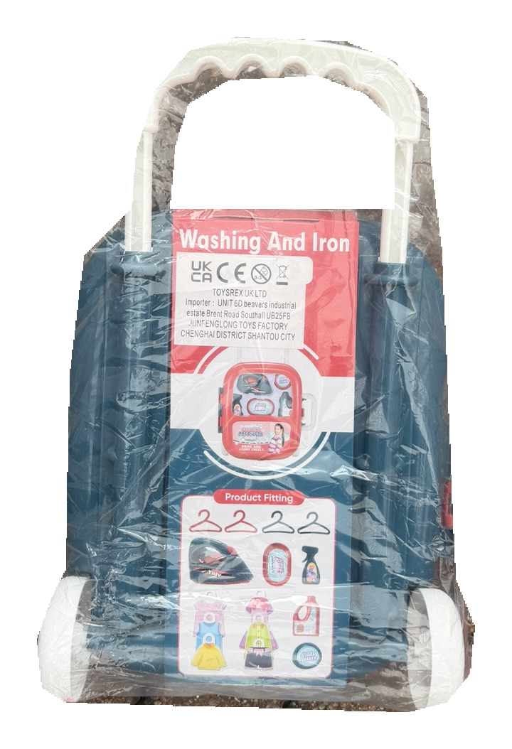 Rear of washing and ironing toy case showing accessories and product label