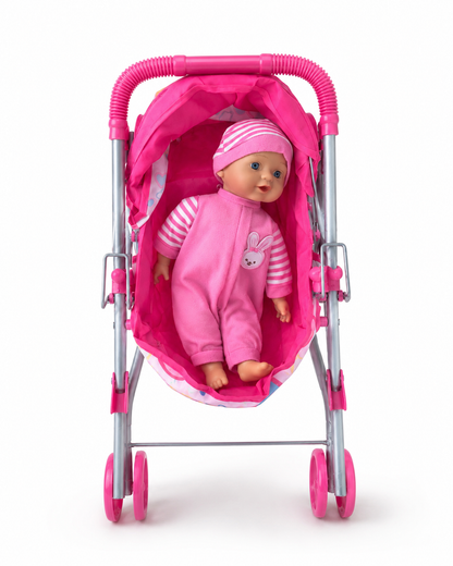 Baby Doll with Pink Stroller – Pretend Play Pram Set
