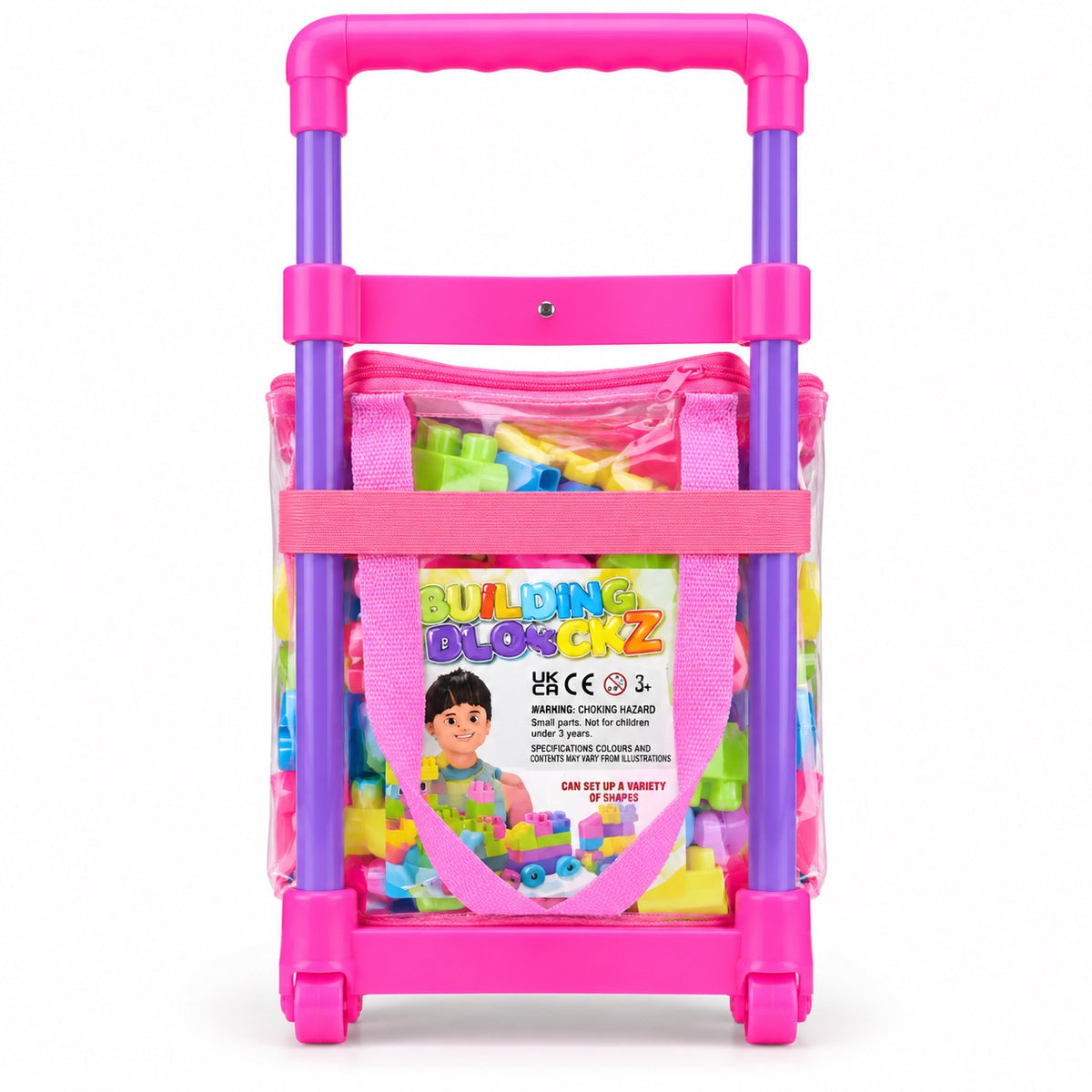 Rear of pink building blocks trolley with age and safety label