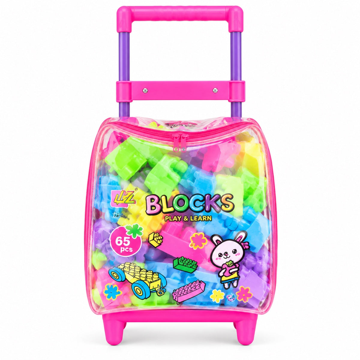 65-piece colourful building blocks set in a pink pull-along trolley bag