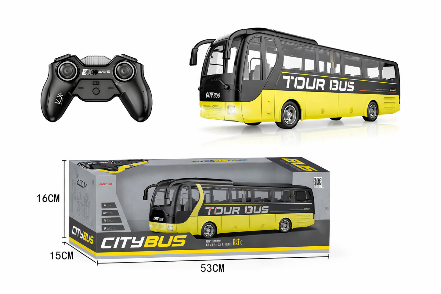 RC City Tour Bus – Large Remote Control Bus with Lights & USB Charging Yellow