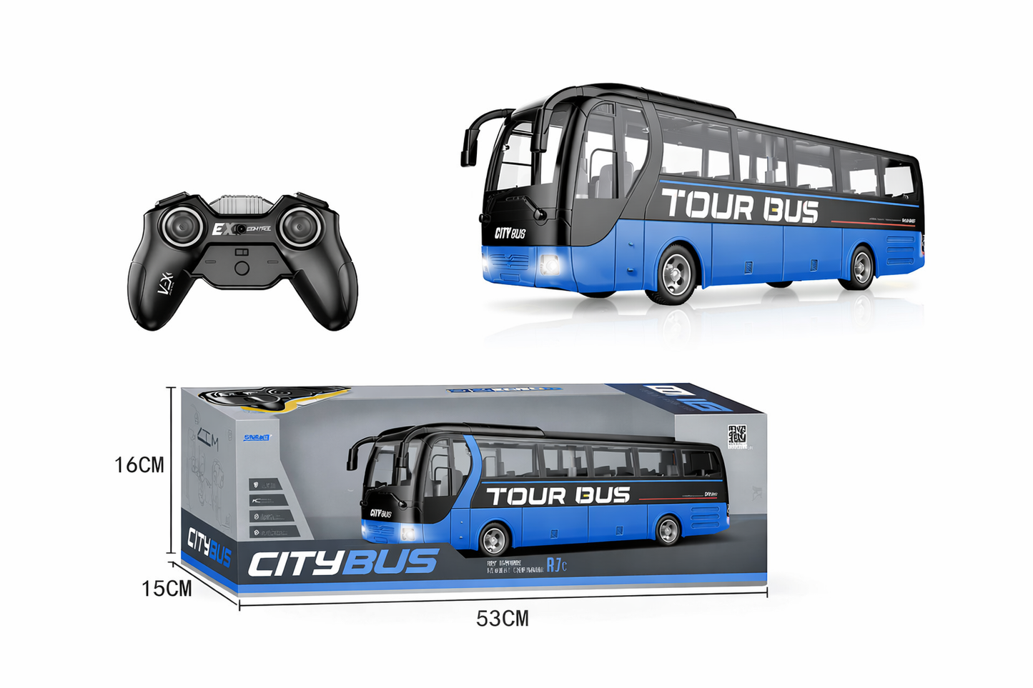 RC City Tour Bus – Large Remote Control Bus with Lights & USB Charging Blue