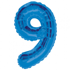 Blue number 9 foil balloon on a white background