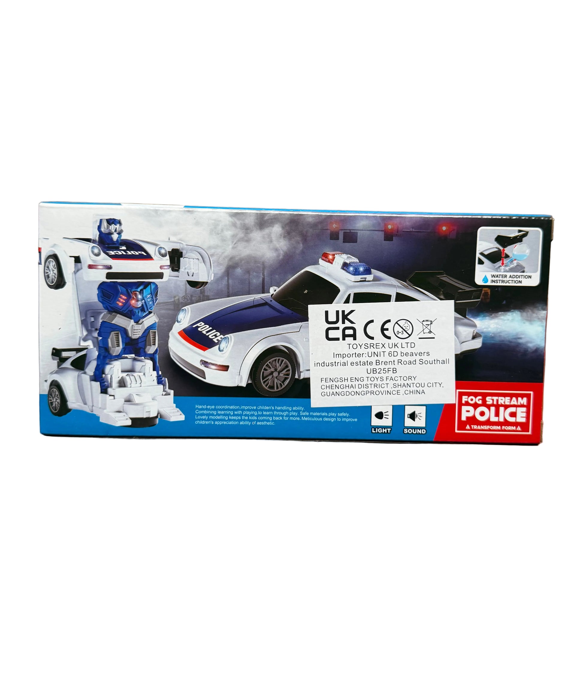 Toy police car and robot transformation set packaging on a white background