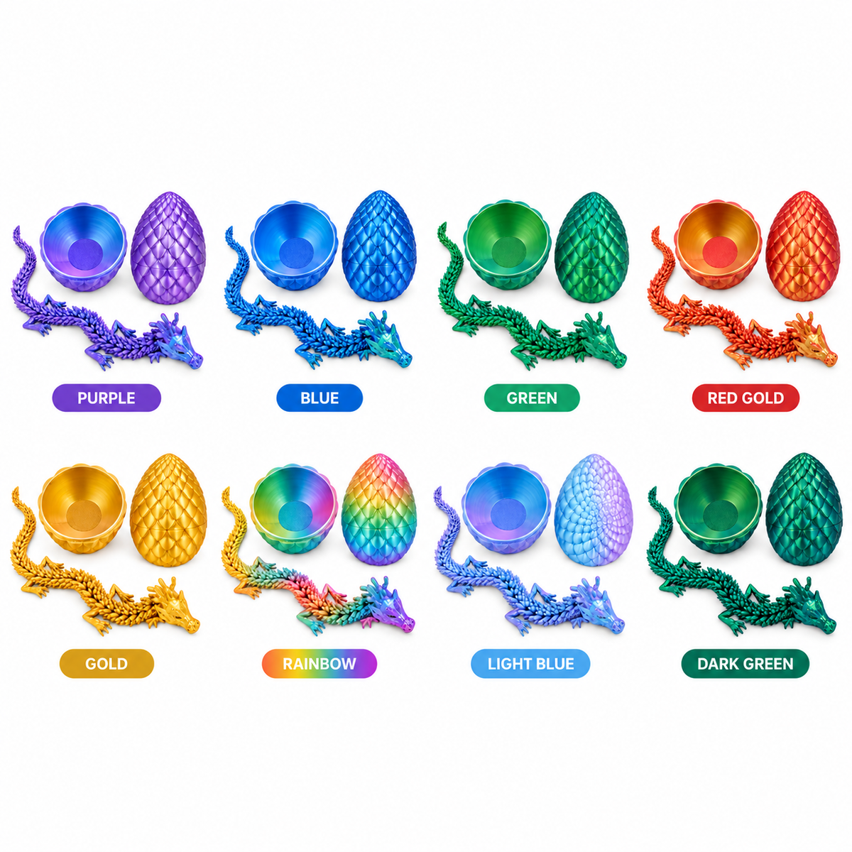 Dragon and egg colour chart showing purple, blue, green, red gold, gold, rainbow, light blue and dark green