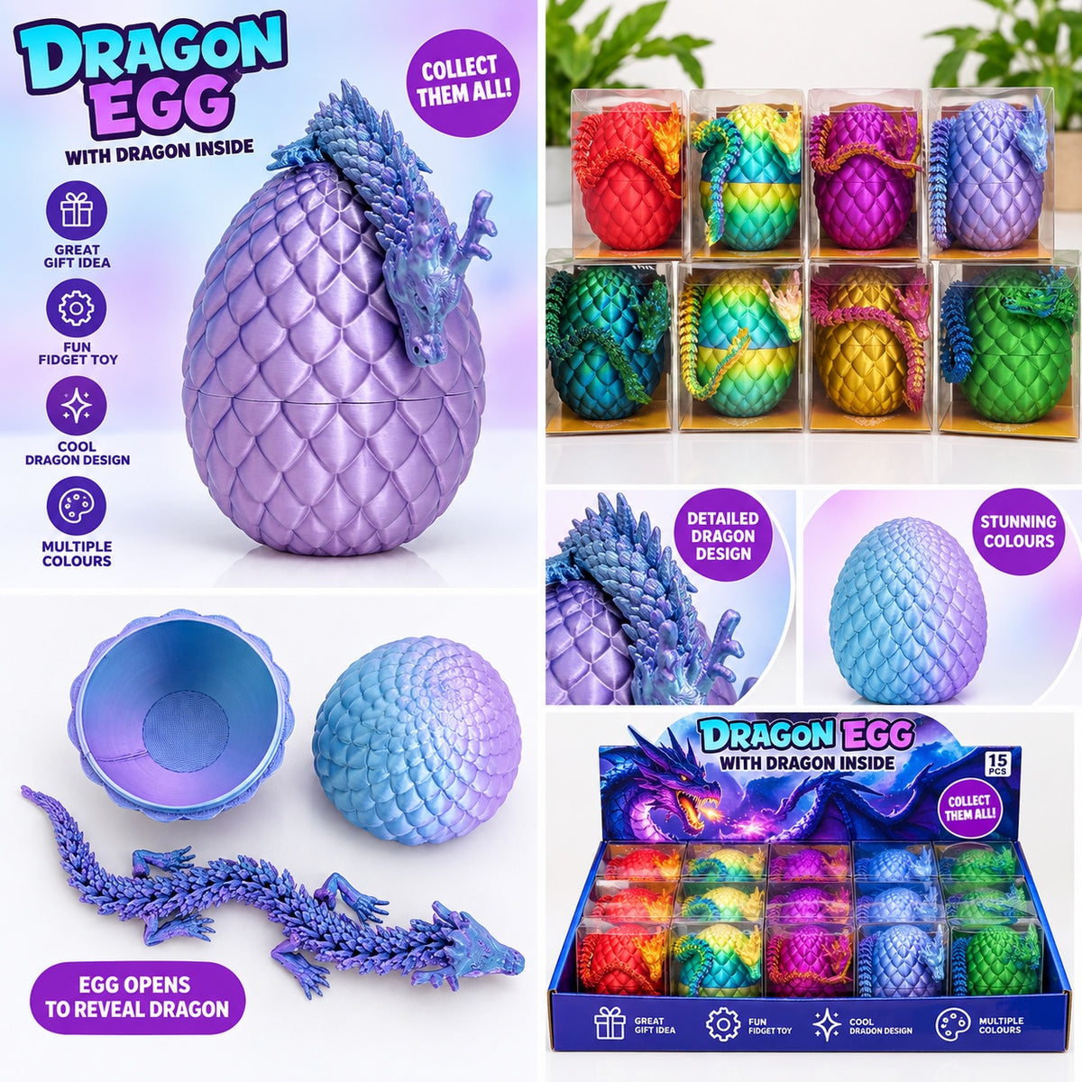 Dragon egg product collage showing opening egg, articulated dragon and assorted colour packaging