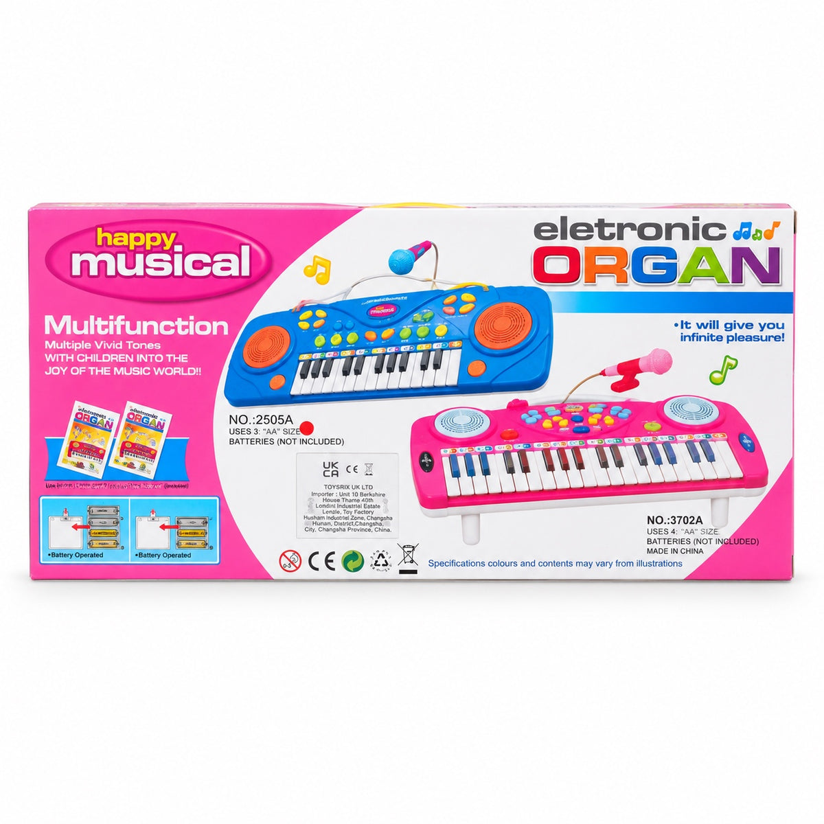 Electronic keyboard packaging showing pink and blue models and separate battery requirements