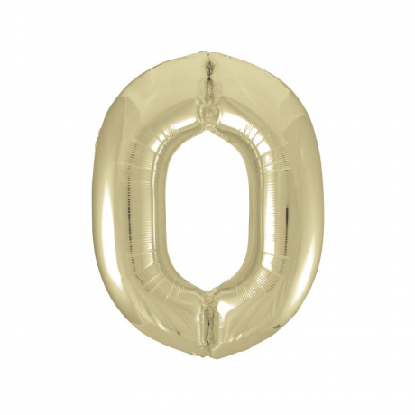 Inflated gold number 0 foil balloon on a white background