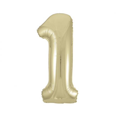 Inflated gold number 1 foil balloon on a white background