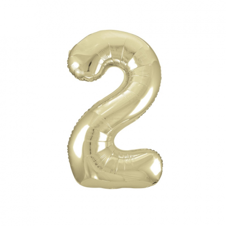 Inflated gold number 2 foil balloon on a white background