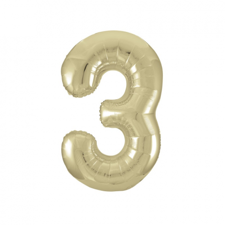 Inflated gold number 3 foil balloon on a white background