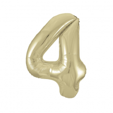 Inflated gold number 4 foil balloon on a white background