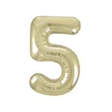 Inflated gold number 5 foil balloon on a white background