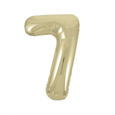 Inflated gold number 7 foil balloon on a white background