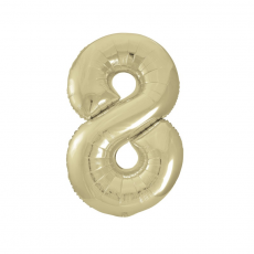Inflated gold number 8 foil balloon on a white background