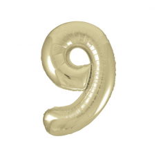 Inflated gold number 9 foil balloon on a white background