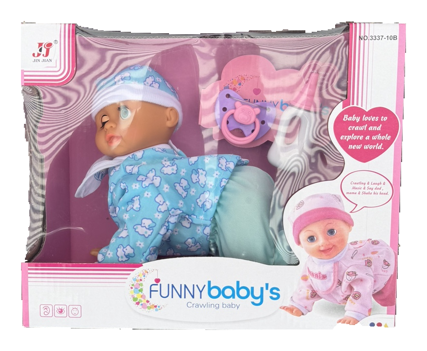 Blue crawling baby doll wearing a hat in its retail box