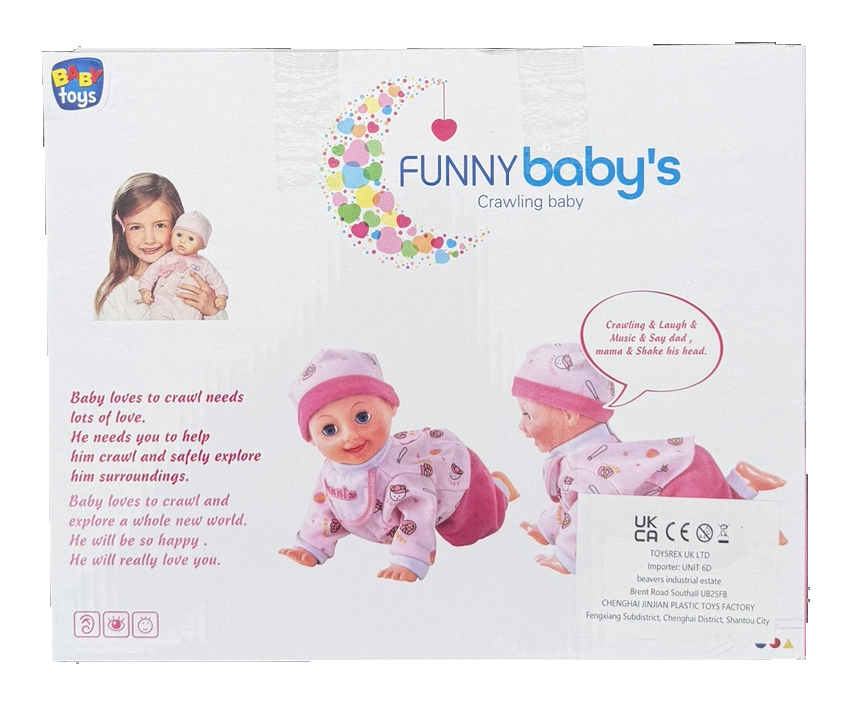 Blue crawling baby doll and dummy in display packaging