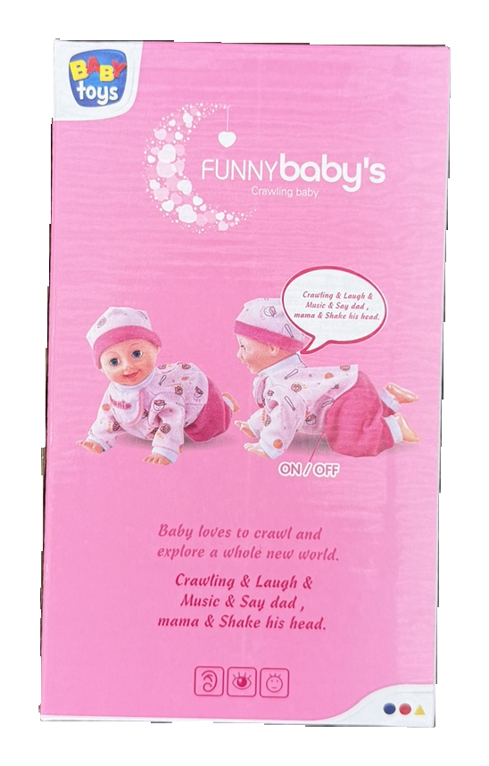Side of crawling baby doll packaging showing play features