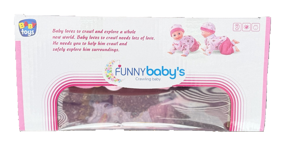 Pink crawling baby doll packaging showing movement and sound features