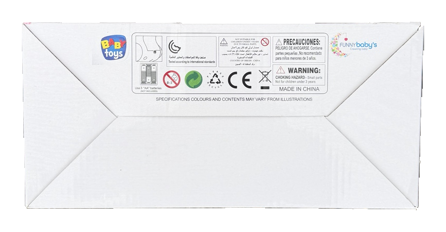 Crawling baby doll packaging showing three AA battery requirements and age warning