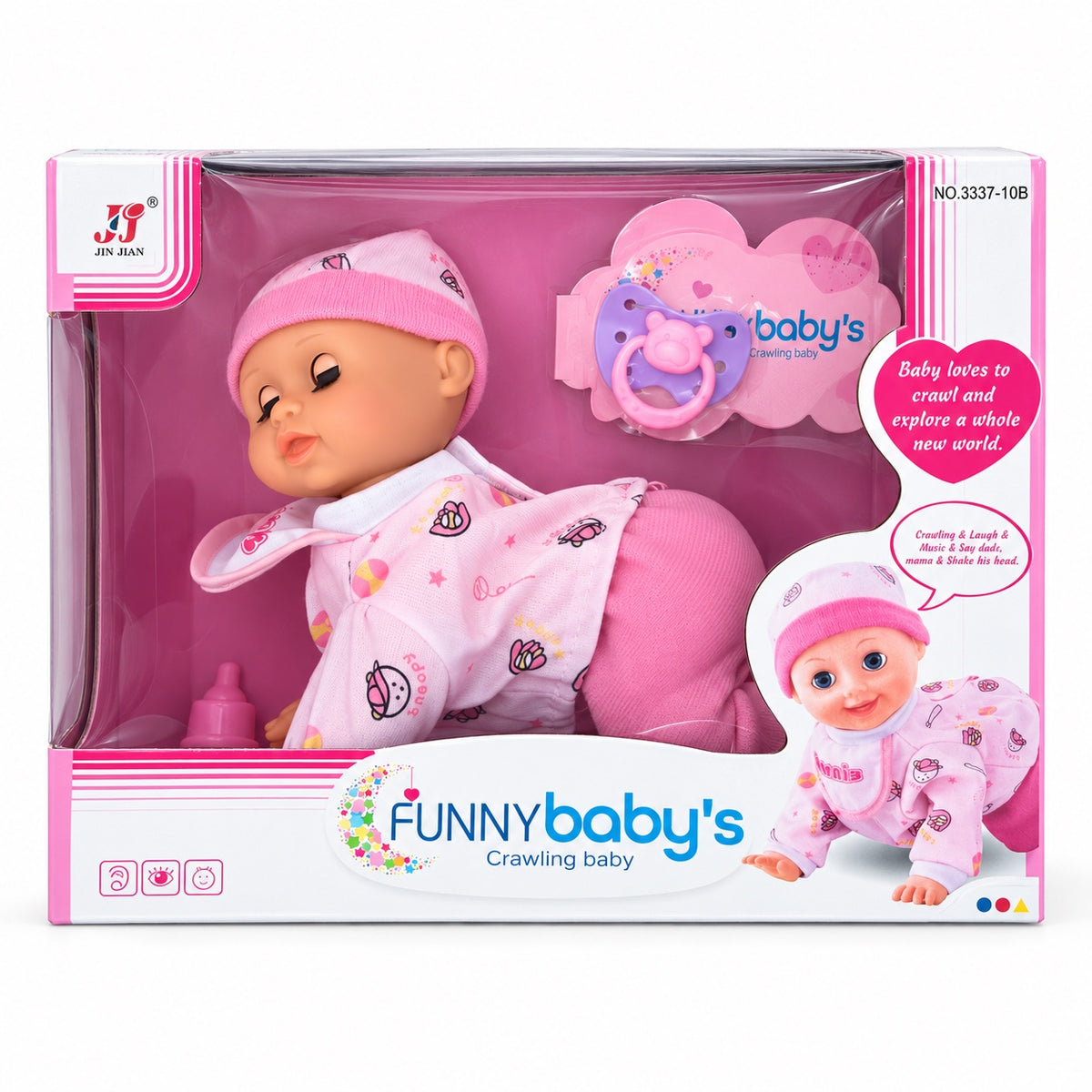 Jin Jian pink crawling baby doll, model 3337-10B, with dummy in its retail box