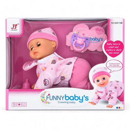 Jin Jian pink crawling baby doll, model 3337-10B, with dummy in its retail box