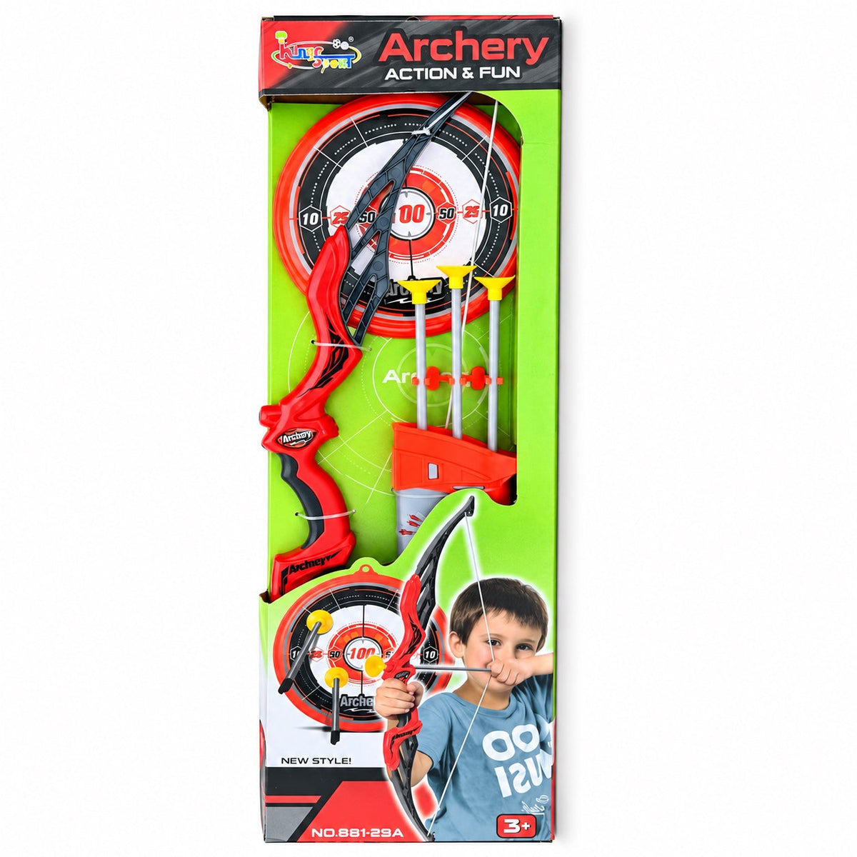 Red toy archery set with bow, three suction-cup arrows and arrow holder in packaging