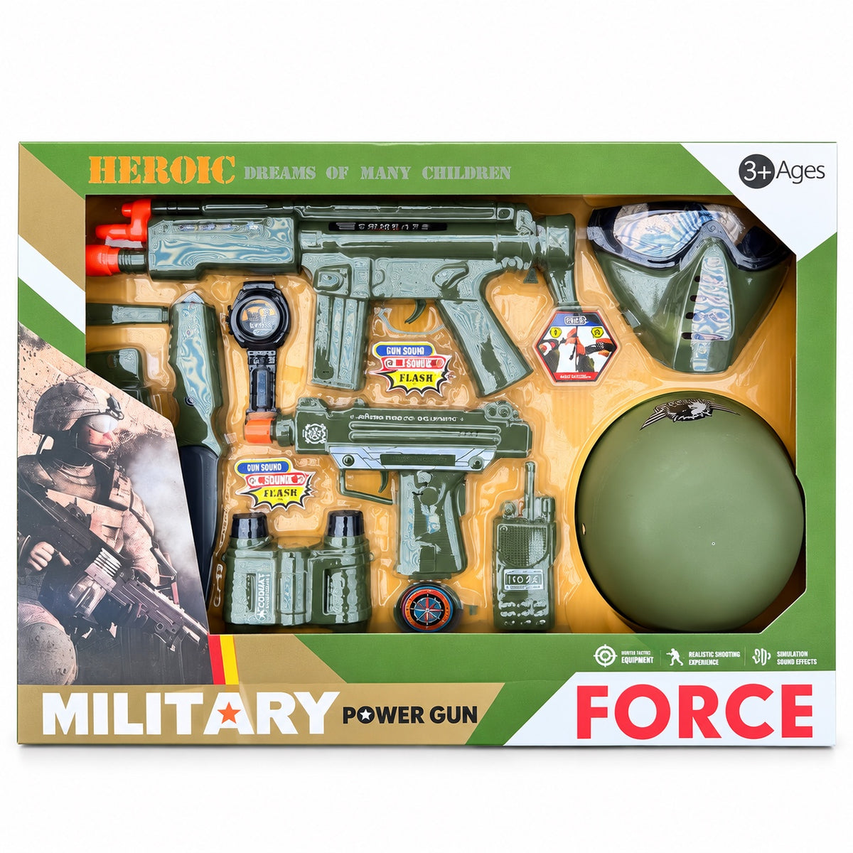 Kids military toy gun set with green helmet and army role play accessories
