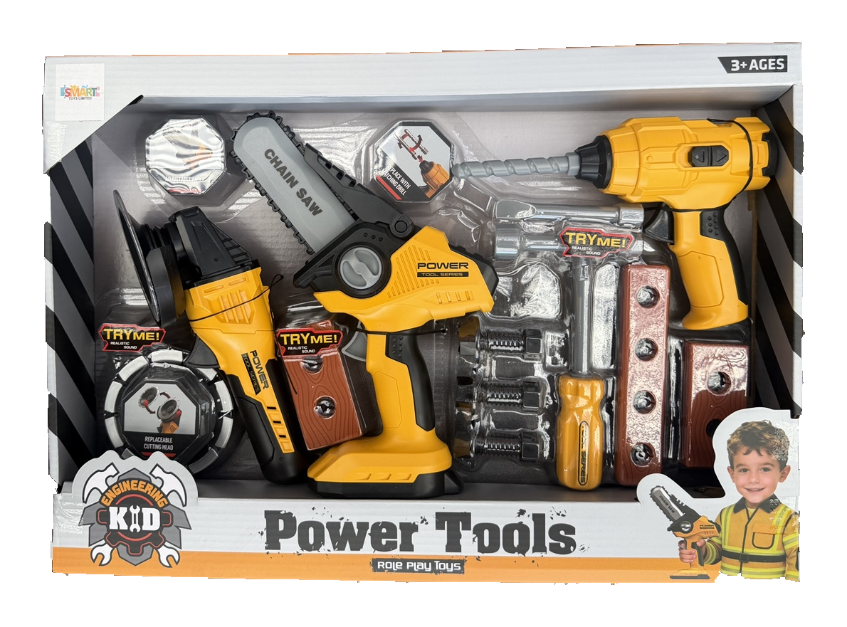 Yellow and grey pretend power tools in display packaging, ages 3+