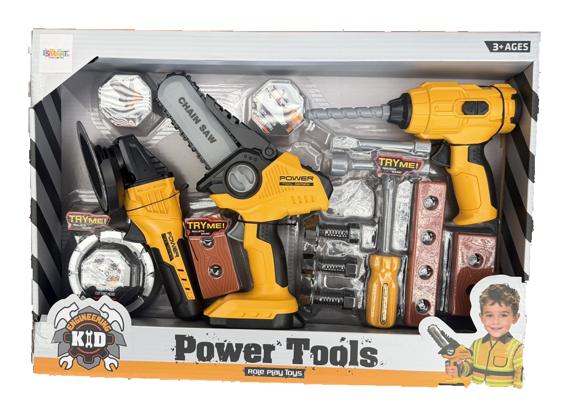 Pretend power tools set packaging with sound feature labels