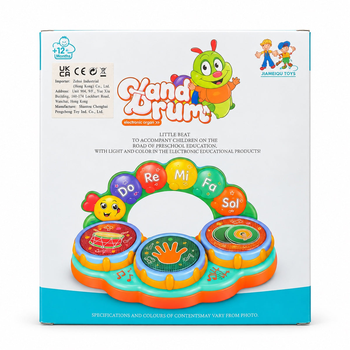 Back of musical hand drum box showing the toy and 12 months plus age marking