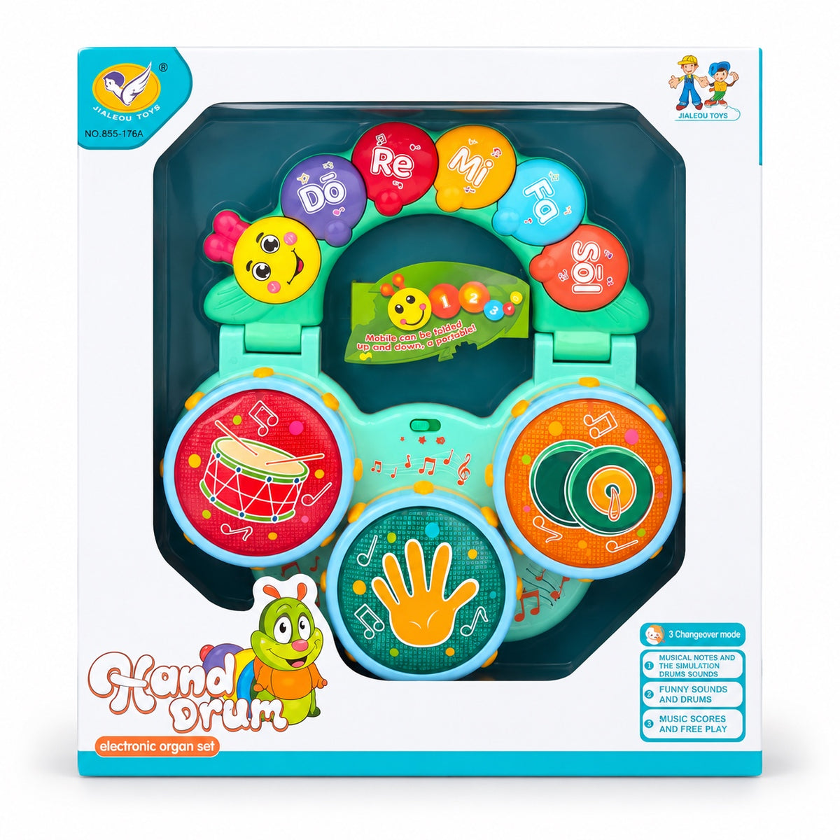 Musical hand drum toy with three drum pads and five note keys in its box