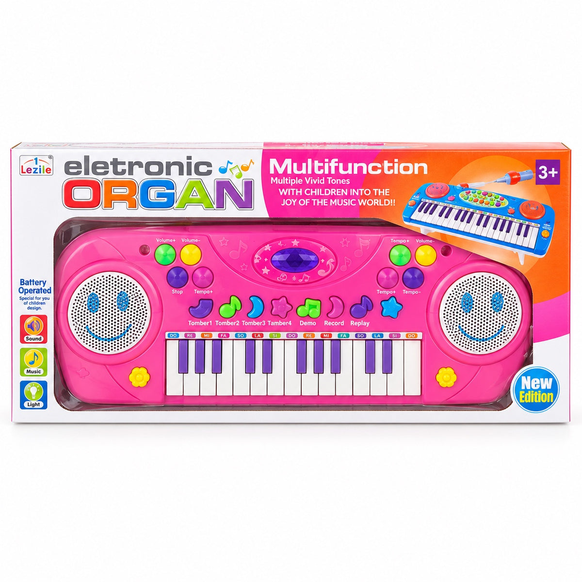 Pink electronic keyboard toy with colourful buttons and white keys in retail packaging