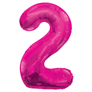 Inflated pink number 2 foil balloon on a white background