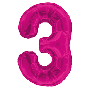Inflated pink number 3 foil balloon on a white background