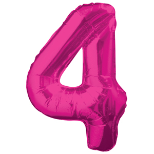 Inflated pink number 4 foil balloon on a white background