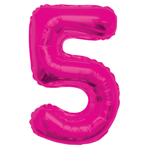 Inflated pink number 5 foil balloon on a white background