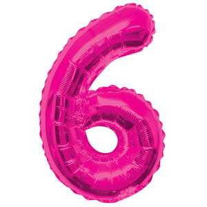 Inflated pink number 6 foil balloon on a white background