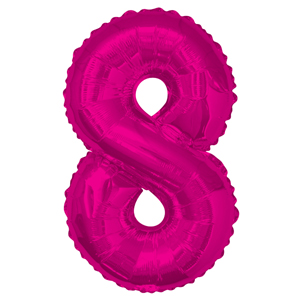 Inflated pink number 8 foil balloon on a white background