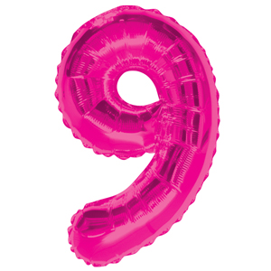 Inflated pink number 9 foil balloon on a white background
