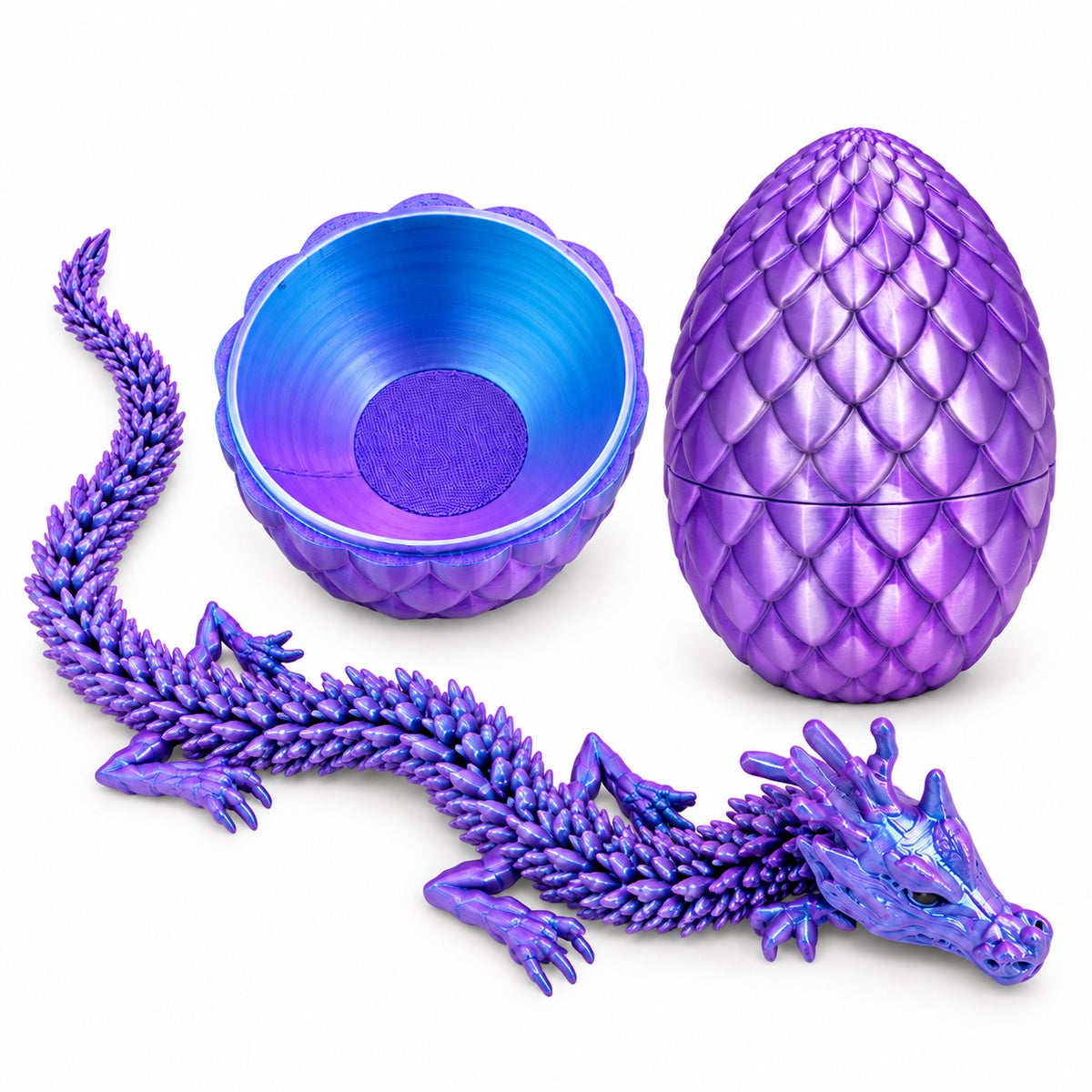 Purple articulated dragon with open scale-textured egg