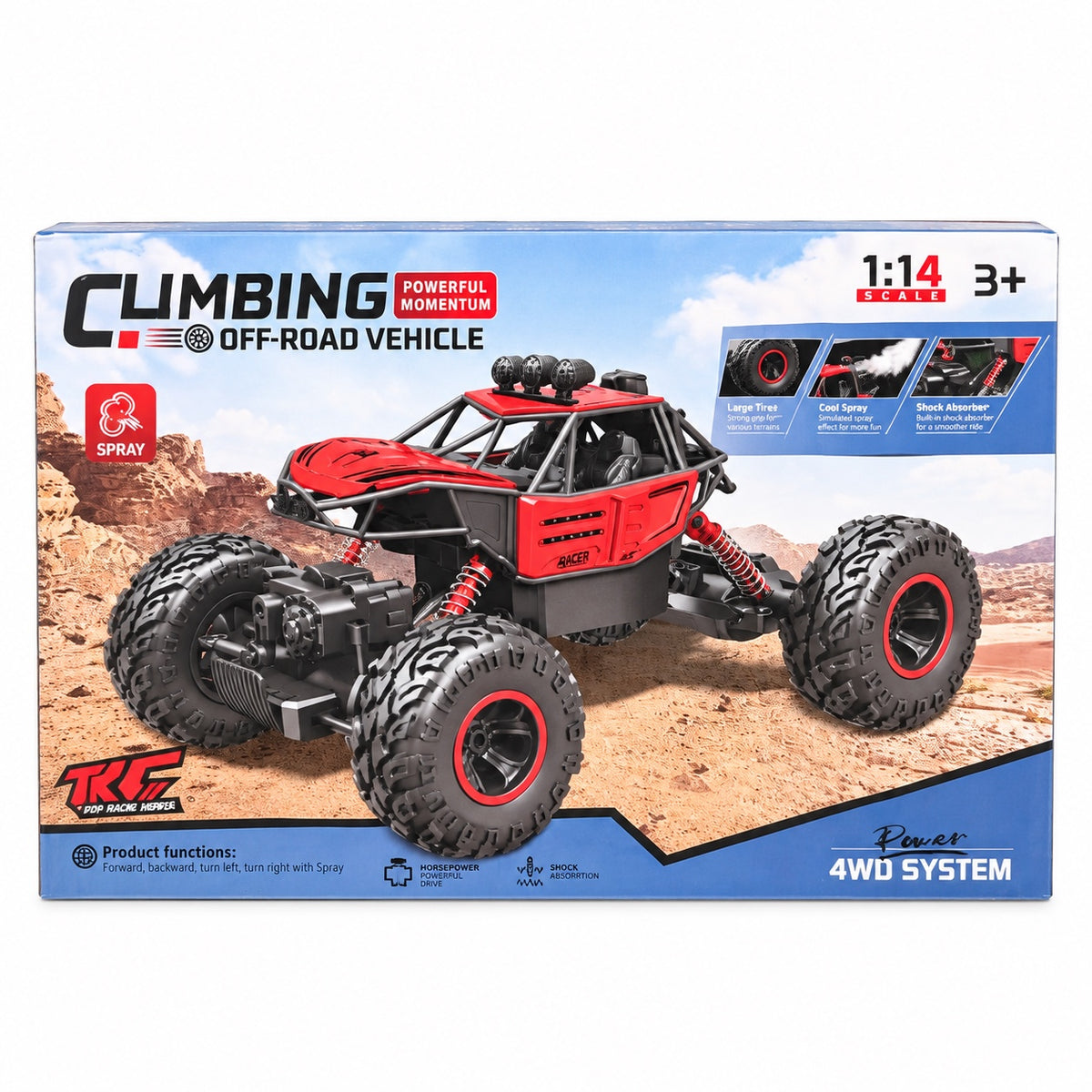 Rear packaging illustration of a red RC climbing car showing spray and suspension features
