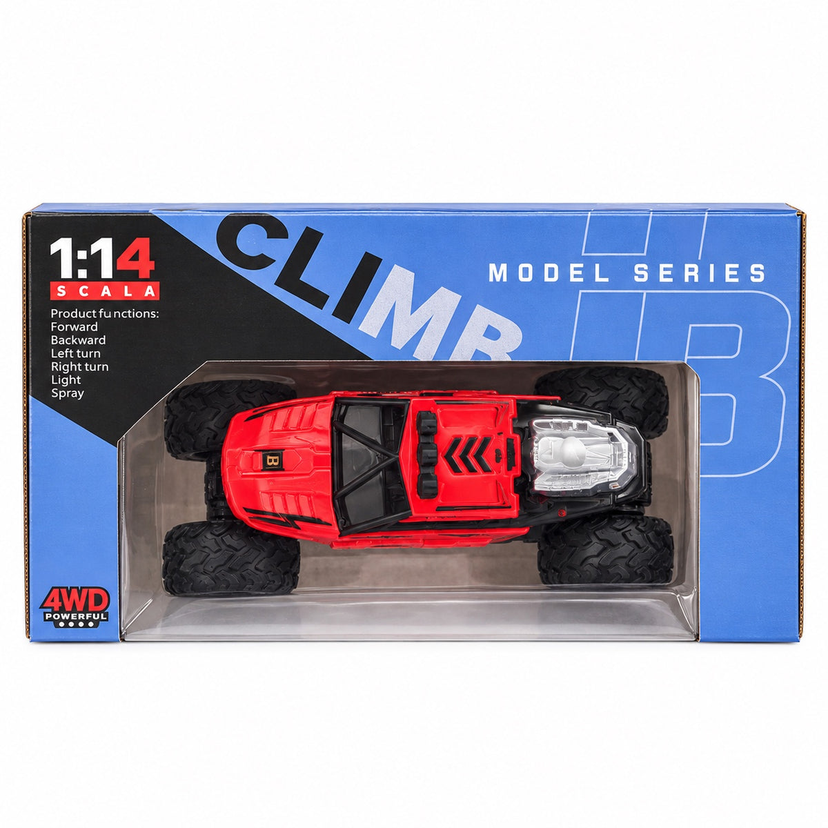 Top view of a red 1:14 RC climbing vehicle in blue display packaging