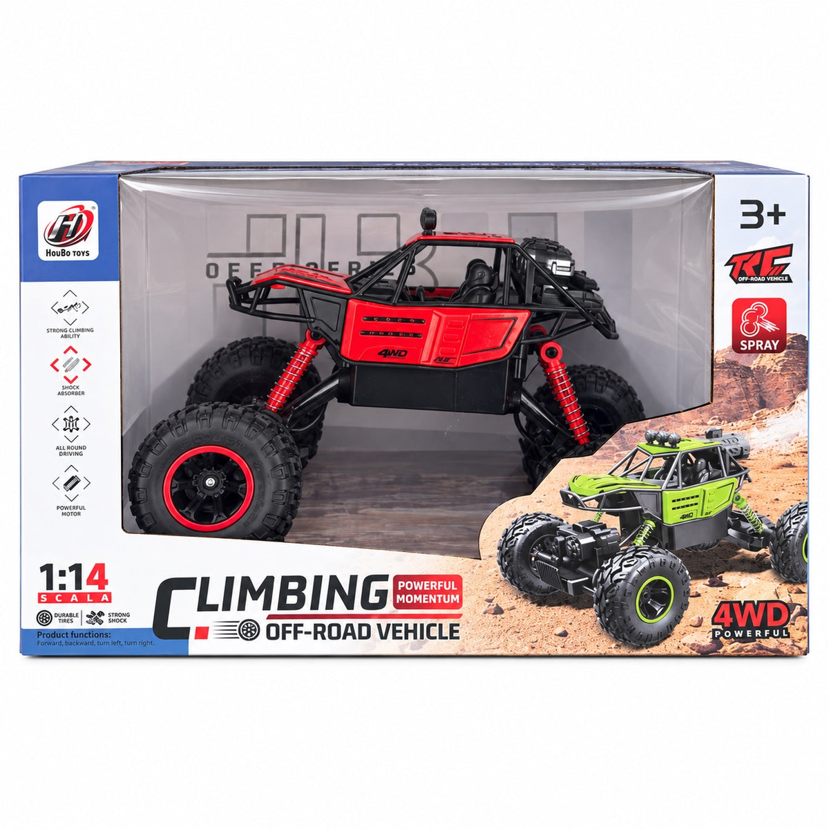 Red 1:14 remote-control off-road climbing car in HouBo Toys retail packaging