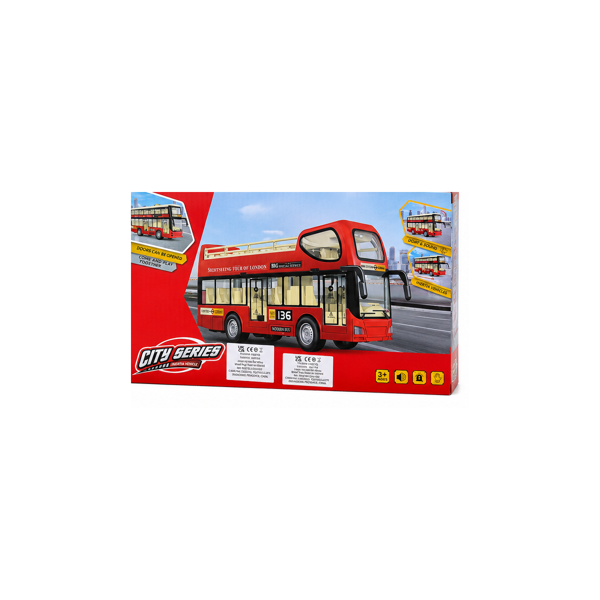 Boxed toy bus with a red double-decker design