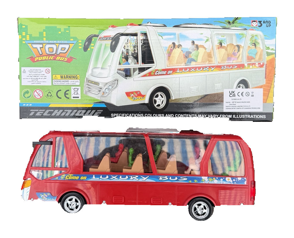 Red luxury coach bus toy with visible passenger figures beside its retail box