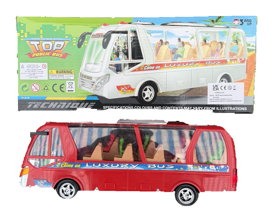 Red luxury coach bus toy with visible passenger figures beside its retail box