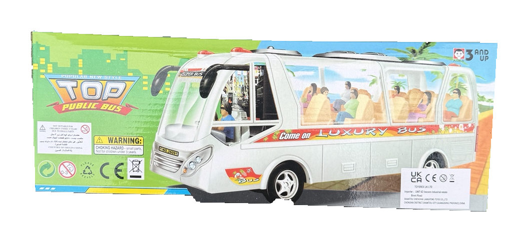 Coach bus packaging showing age 3+ guidance